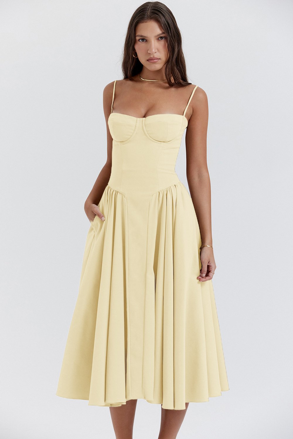 Avencea Wide Swinging, Deep Cut Midi Dress with Straps