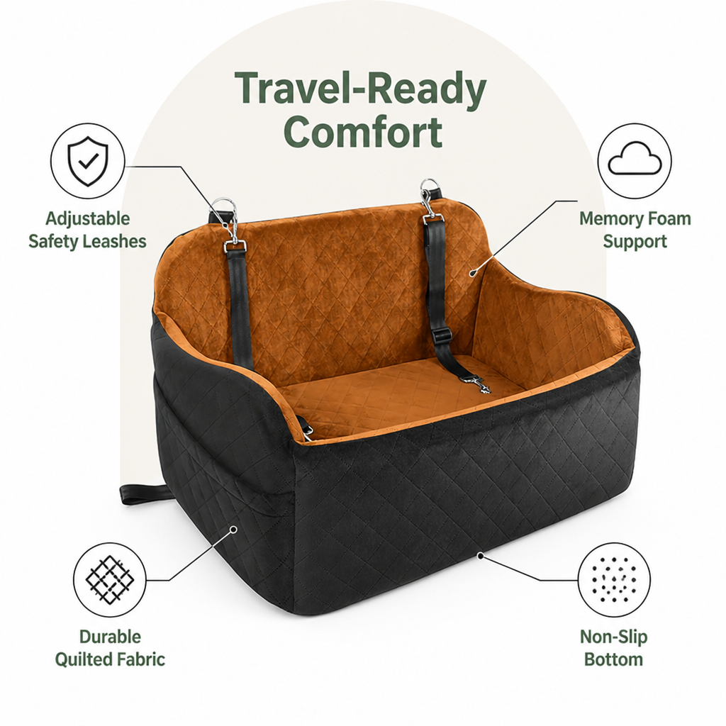 DogBedHouse Memory Foam & Non-Slip Dog Car Seat (Adjustable Leashes)