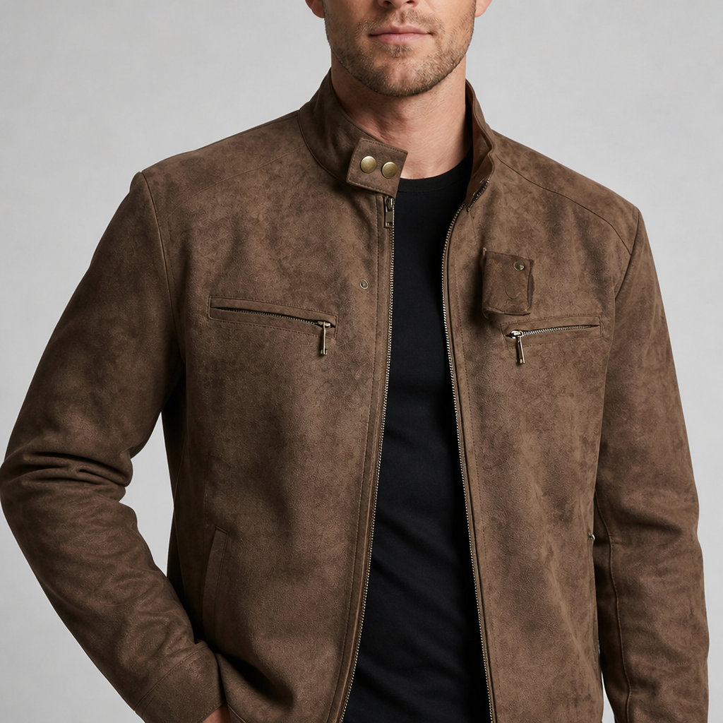 Men's Biker Jacket | Stand Collar | Zip Chest Pockets & Two-Way Zipper | Slim Fit