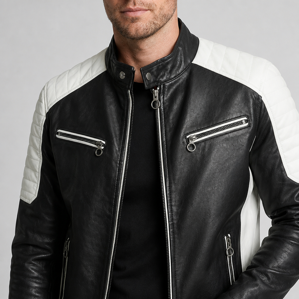 Men's Biker Jacket | Tailored Slim Fit with Quilted Shoulders | Full-Length Zipper & Multiple Zip Pockets