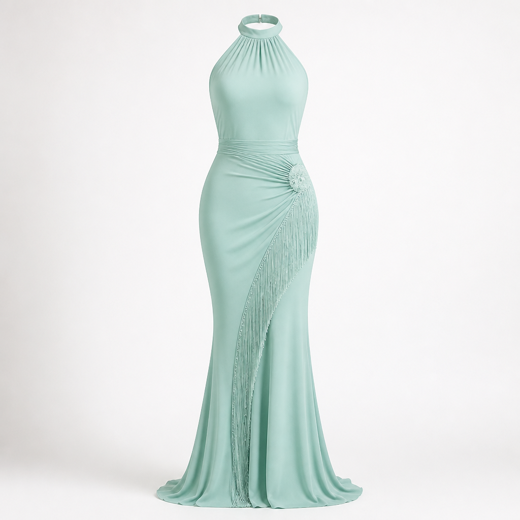 Women's Halter Evening Gown | Polyester Mint Green | Tassel Fishtail with Fitted Waist