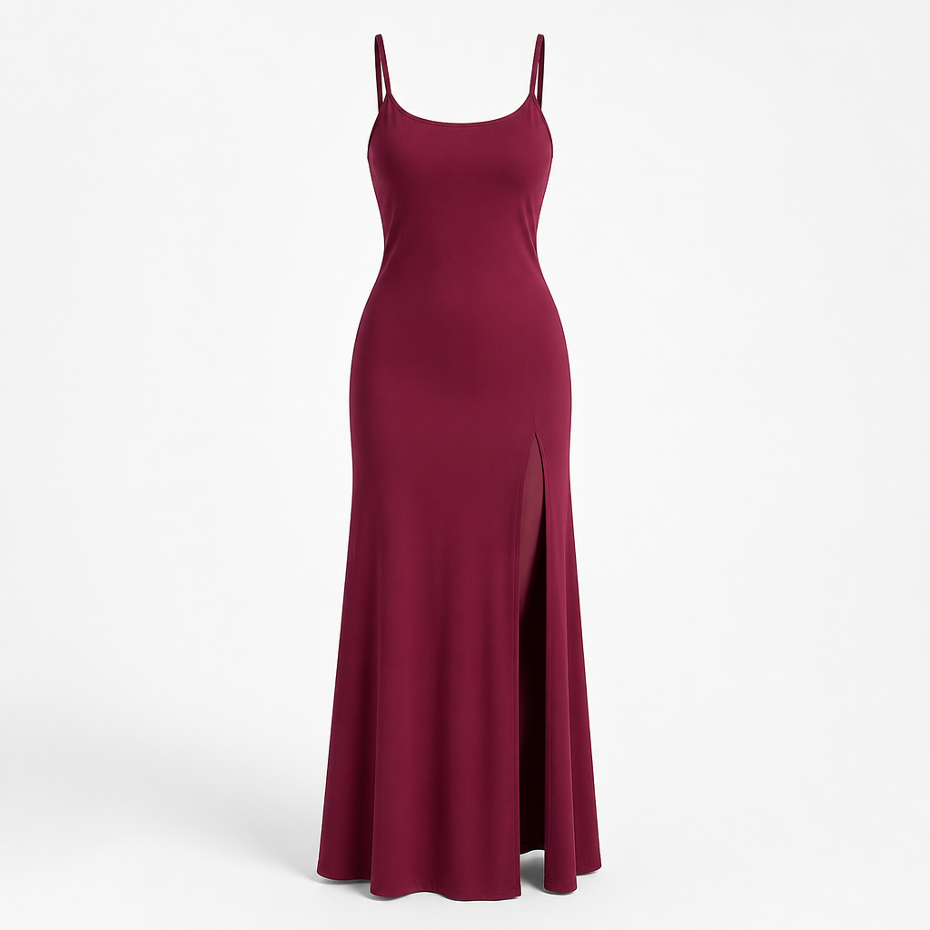 Women's Polyester Spaghetti Strap Maxi Dress | Fitted Bodycon | Thigh-High Slit, Sleeveless | Evening Wear, Summer Party