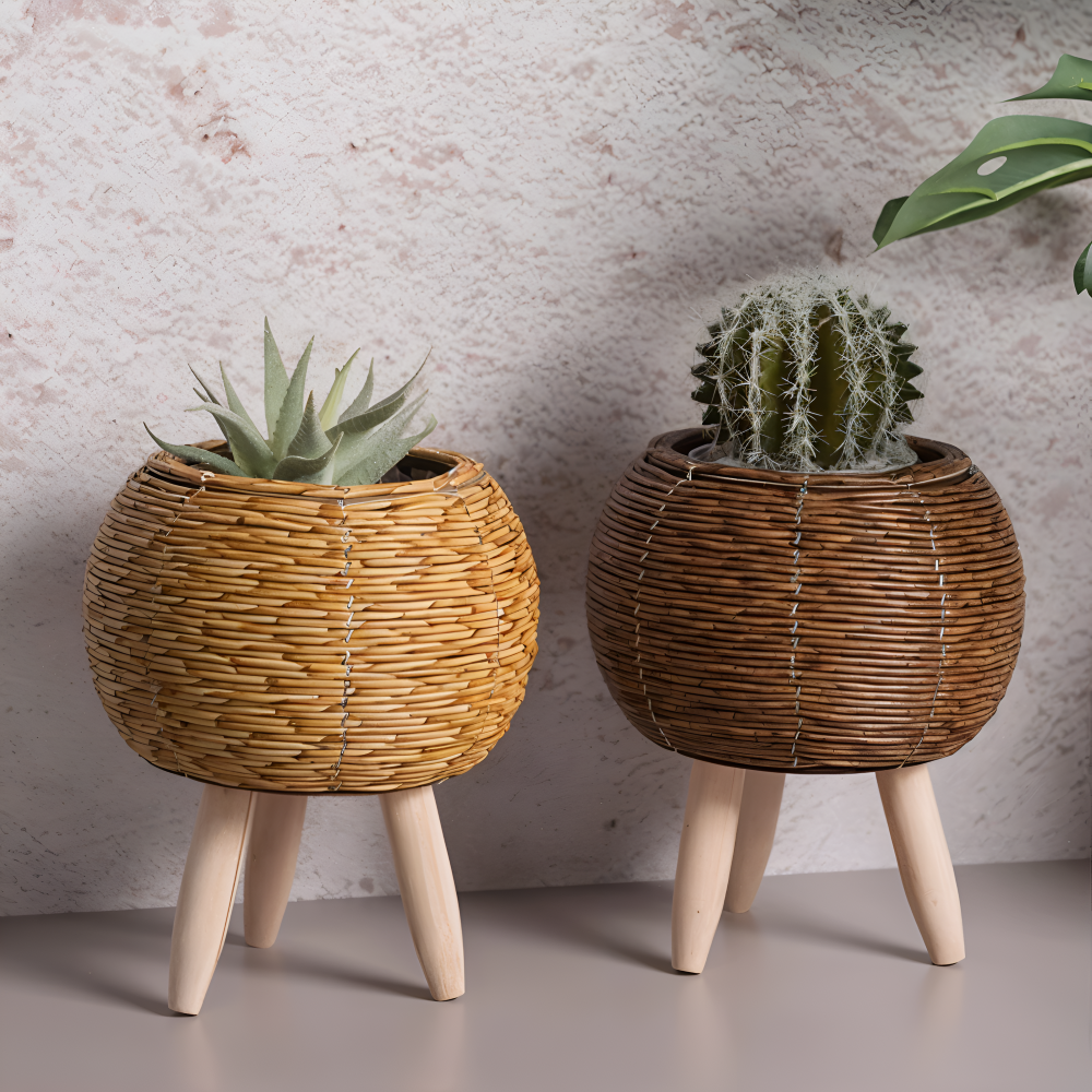 Artificial Basket Planter Rustic Rattan Flower Pot