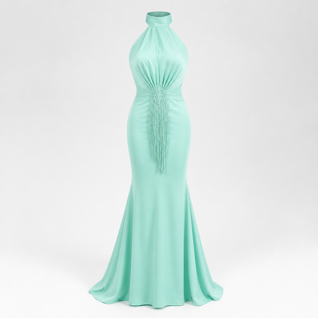 Women's Halter Evening Gown | Polyester Mint Green | Tassel Fishtail with Fitted Waist
