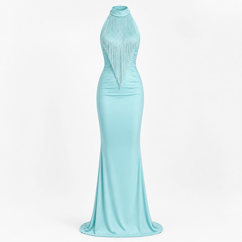 Women's Halter Evening Gown | Polyester Mint Green | Tassel Fishtail with Fitted Waist