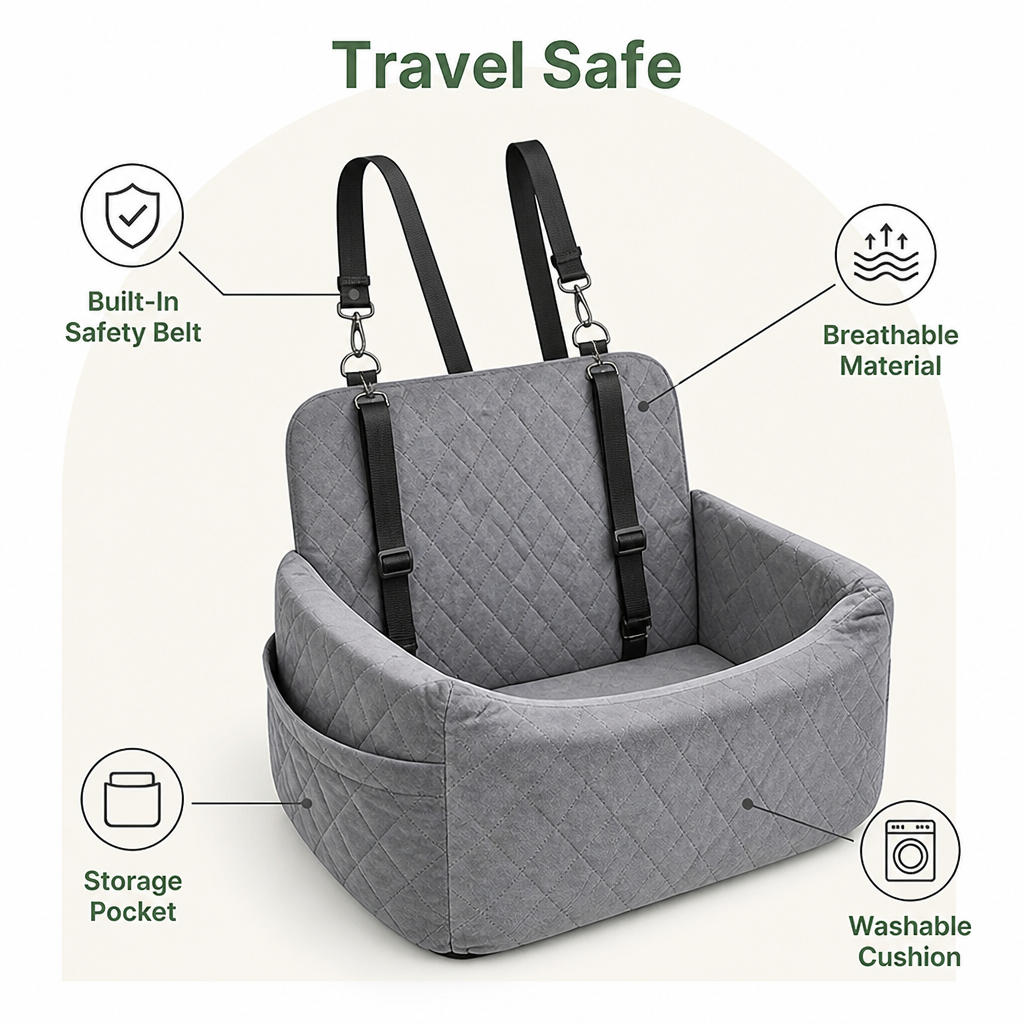 DogBedHouse Breathable & Washable Dog Car Seat (Built-In Safety Belt)