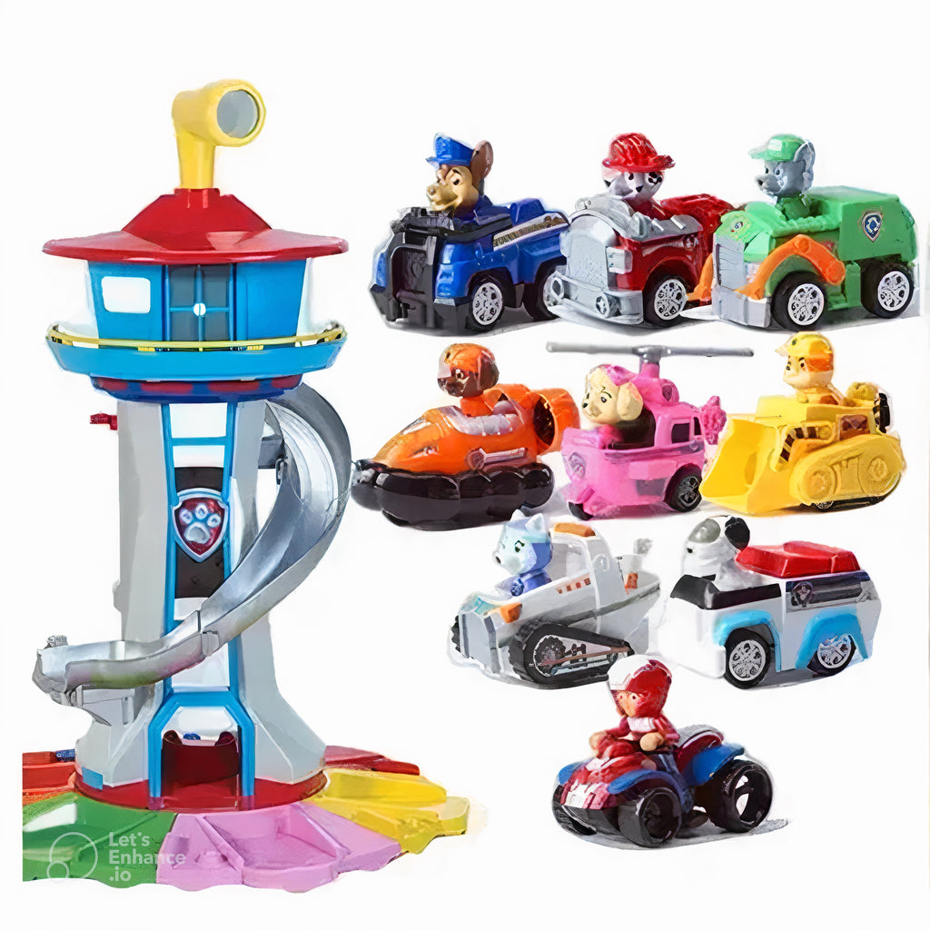 Adventure play tower with slide and racetrack