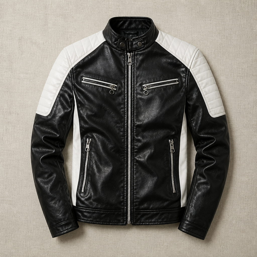 Men's Biker Jacket | Tailored Slim Fit with Quilted Shoulders | Full-Length Zipper & Multiple Zip Pockets