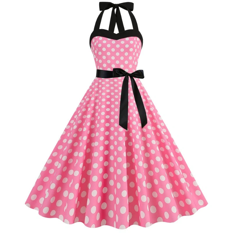 Elegant Women Polka Dot Dress Summer Hepburn 1950s 60s Vintage Sexy Halter Rockabilly Retro Party Office Dresses 2026 Robe Pinup