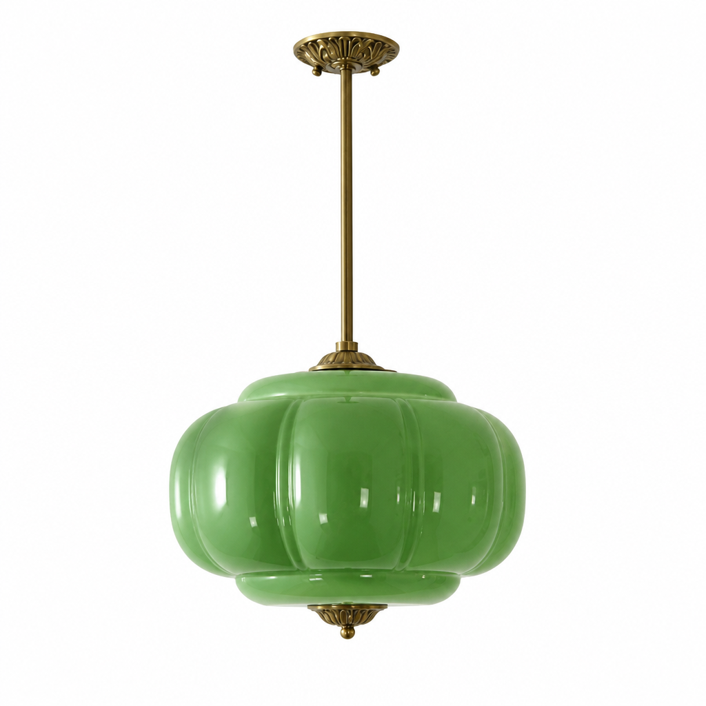 Milk Glass Pendant Light | Vintage Schoolhouse | Hand-Blown Green Glass, Brass Finish