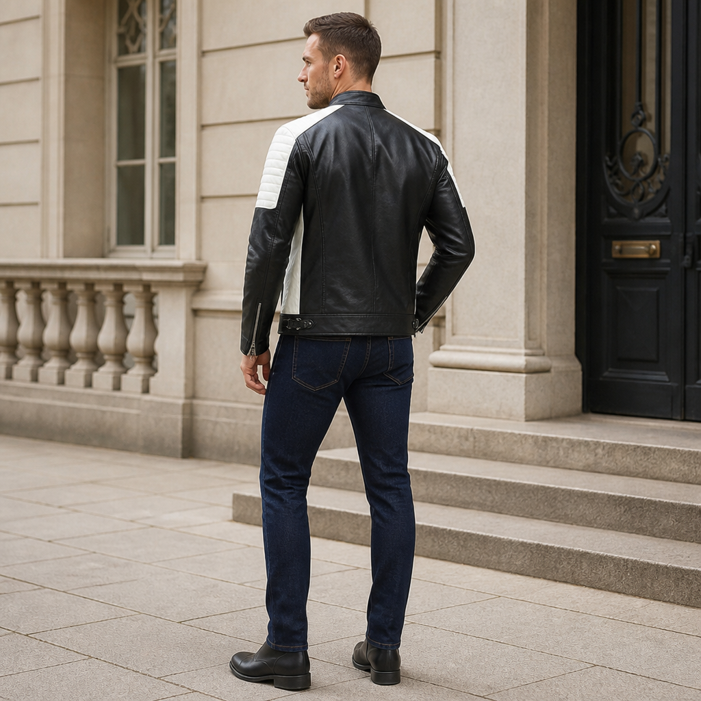 Men's Biker Jacket | Tailored Slim Fit with Quilted Shoulders | Full-Length Zipper & Multiple Zip Pockets
