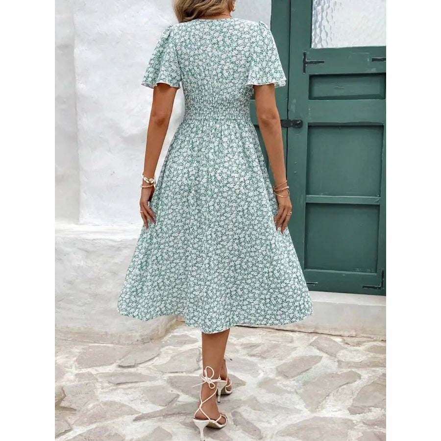 Women Summer Vacation Style Full Floral Print V-Neck Ruffle Short Sleeve Long Dress,Summer Dresses For Women,Pastel Flower Beach Holiday Resort