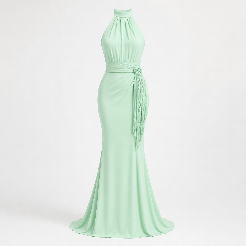 Women's Halter Evening Gown | Polyester Mint Green | Tassel Fishtail with Fitted Waist