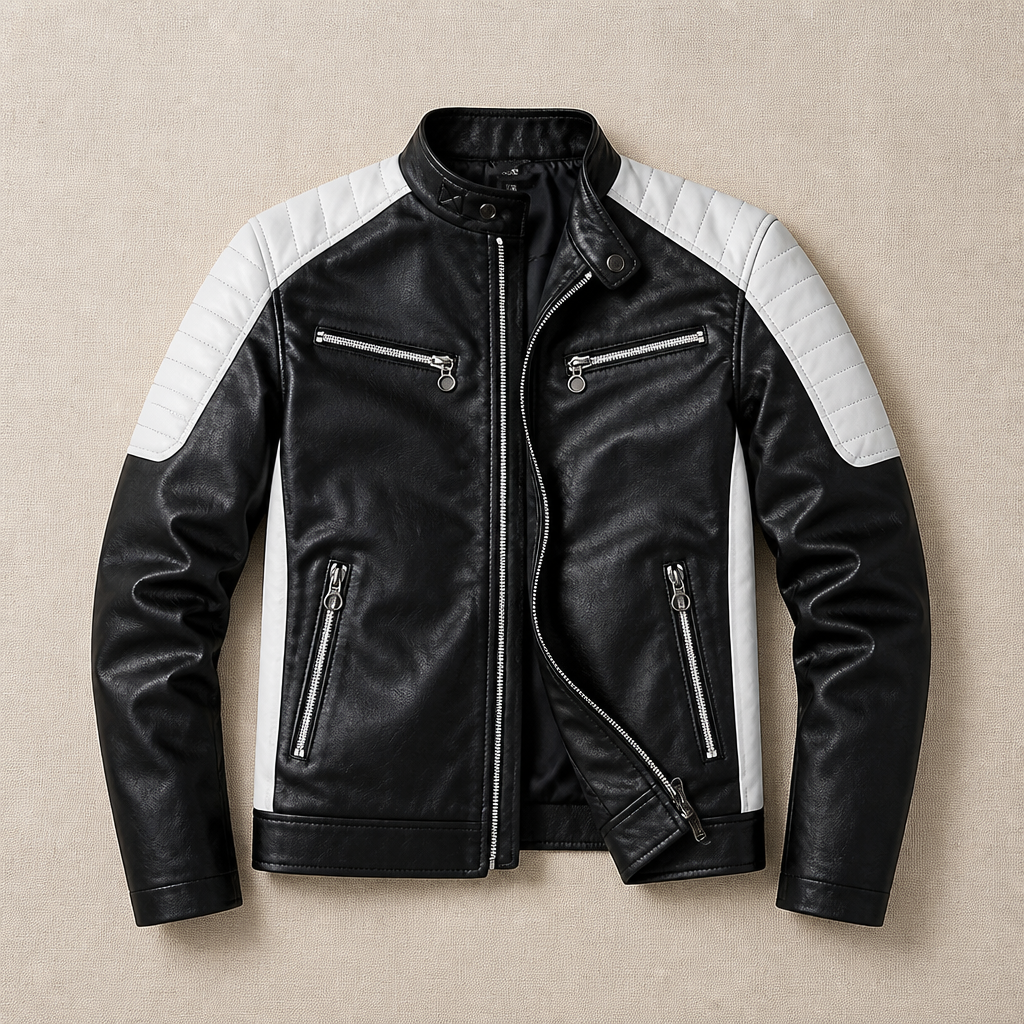 Men's Biker Jacket | Tailored Slim Fit with Quilted Shoulders | Full-Length Zipper & Multiple Zip Pockets