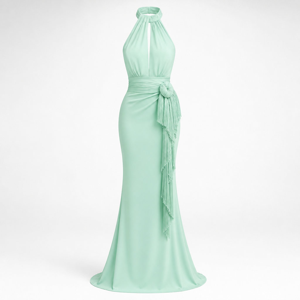 Women's Halter Evening Gown | Polyester Mint Green | Tassel Fishtail with Fitted Waist