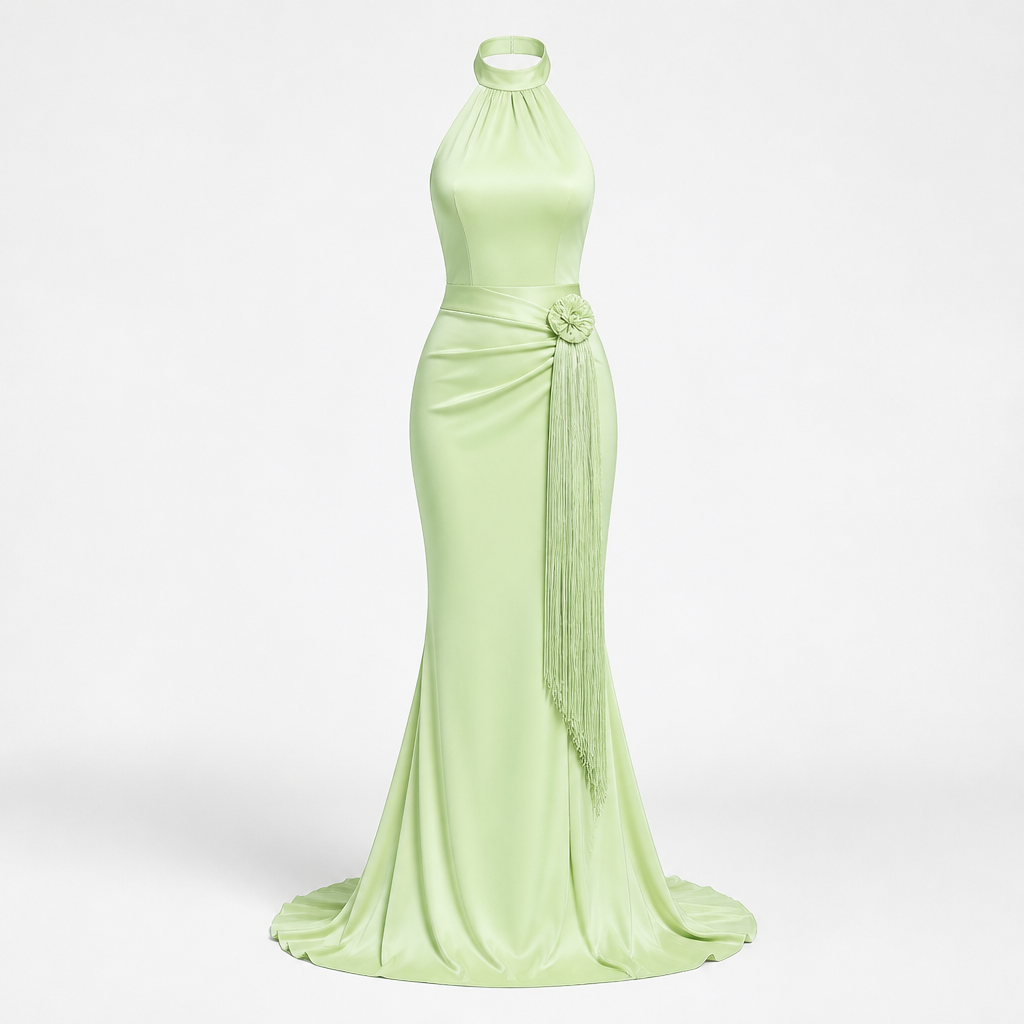 Women's Halter Evening Gown | Polyester Mint Green | Tassel Fishtail with Fitted Waist