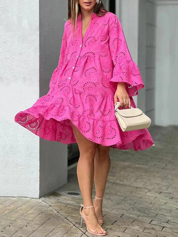 A-line mini dress with V-neck, trumpet sleeves, and button accent