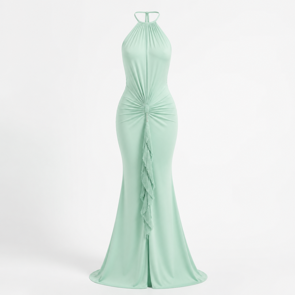 Women's Halter Evening Gown | Polyester Mint Green | Tassel Fishtail with Fitted Waist