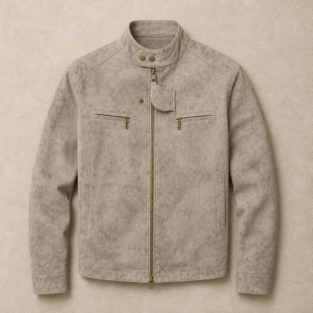 Men's Biker Jacket | Stand Collar | Zip Chest Pockets & Two-Way Zipper | Slim Fit