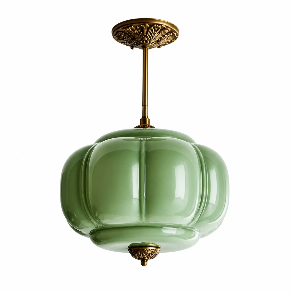 Milk Glass Pendant Light | Vintage Schoolhouse | Hand-Blown Green Glass, Brass Finish