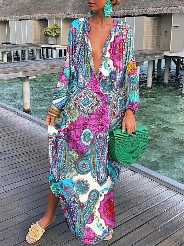 Avencea | V-Neck Linen Dress with Print