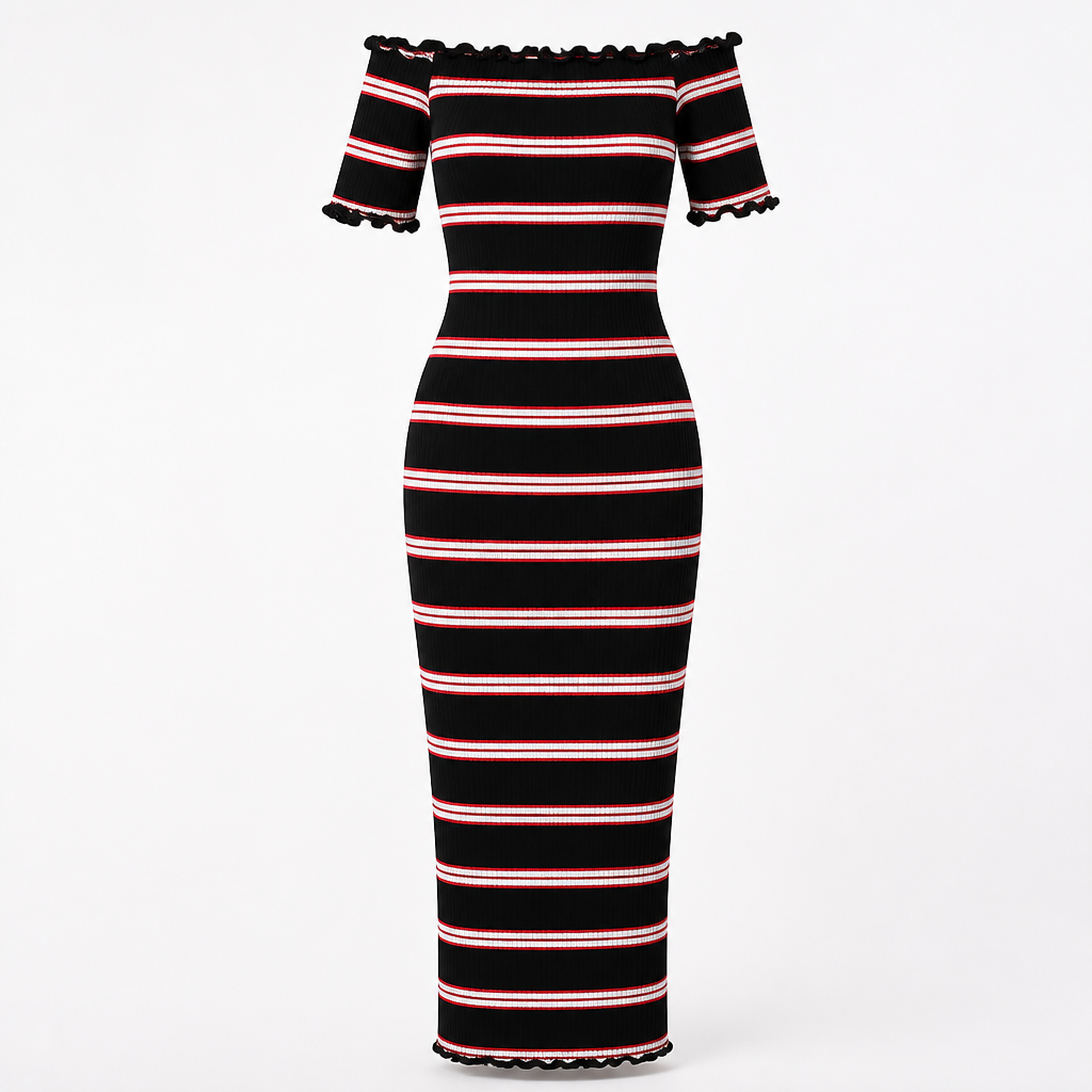 Women's Wrap Sundress | Knitted Fabric | Slash-Neck Striped Bodycon | Short Sleeve
