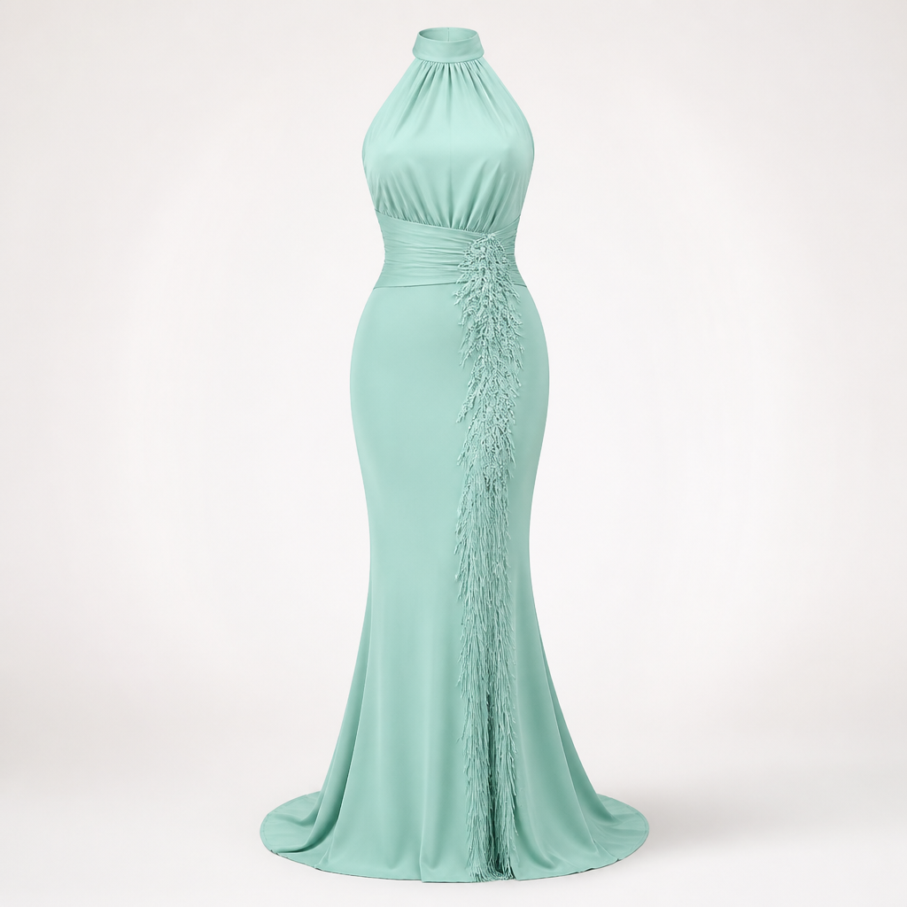 Women's Halter Evening Gown | Polyester Mint Green | Tassel Fishtail with Fitted Waist