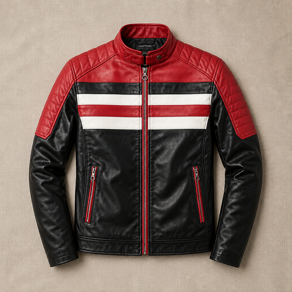 Men's Biker Jacket | Tailored Slim Fit with Quilted Shoulders | Full-Length Zipper & Multiple Zip Pockets