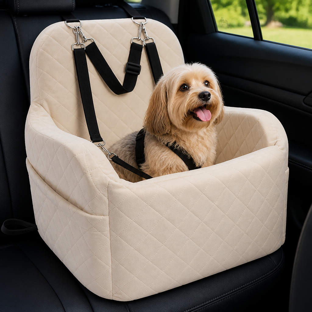 DogBedHouse Plush Memory Foam Dog Car Seat (3 Clip-On Safety Leashes)