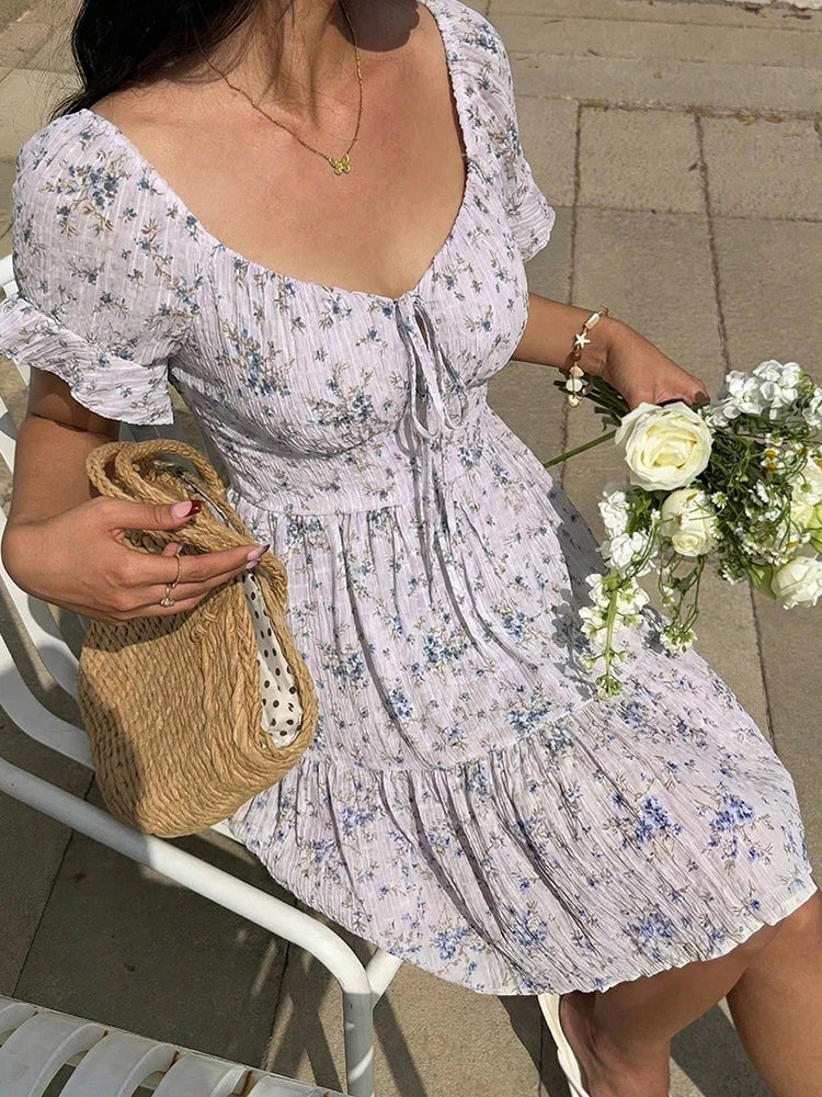Sweet Printed Short Sleeved Beach Dress New Summer Vacation High Waisted Casual Dress 2026 Fashion Lace Up Pleated Party Dress