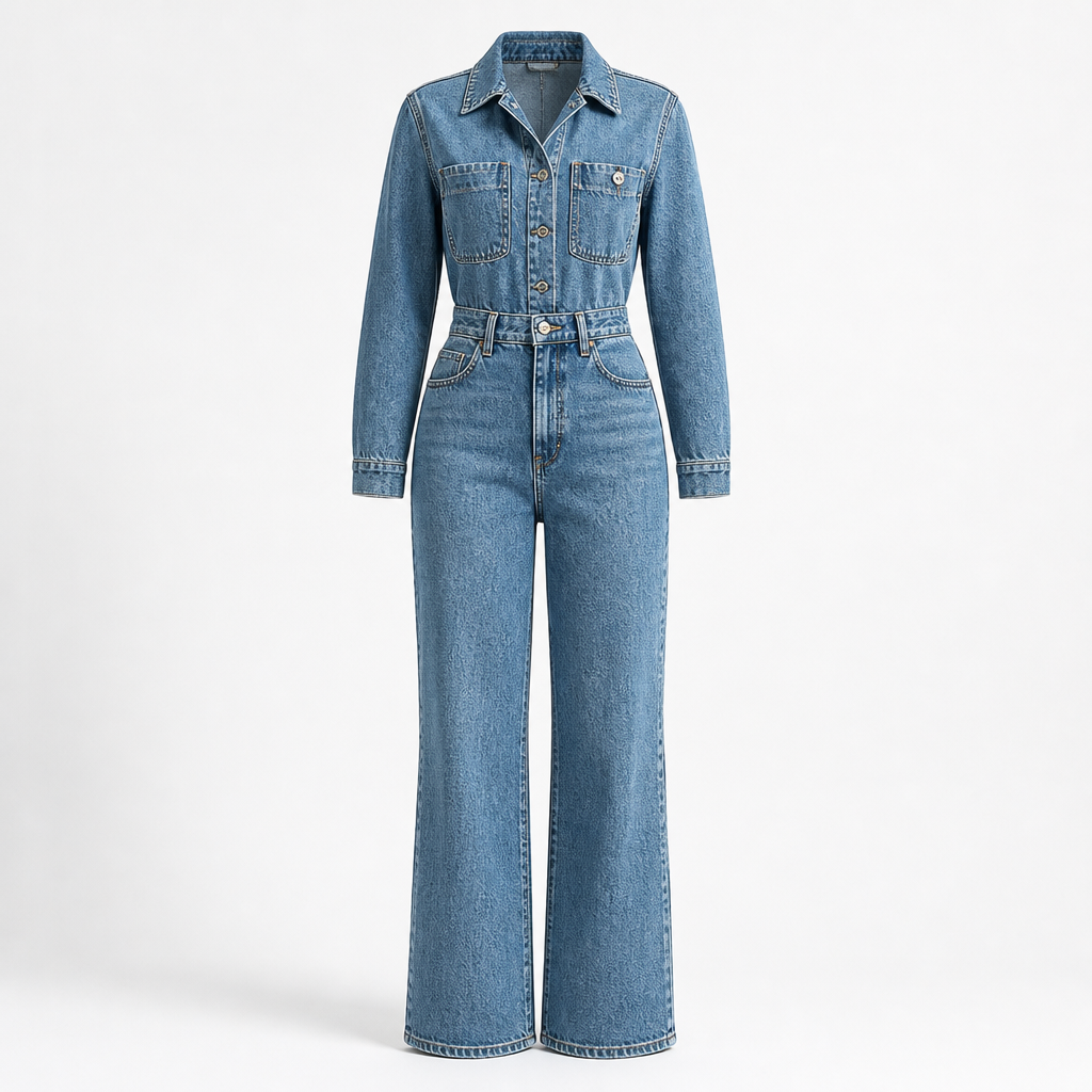 Women's Denim Jumpsuit | Fitted | Long Sleeve, Wide Leg, Pockets, Vintage Style | Smart Casual | Weekend Outfit