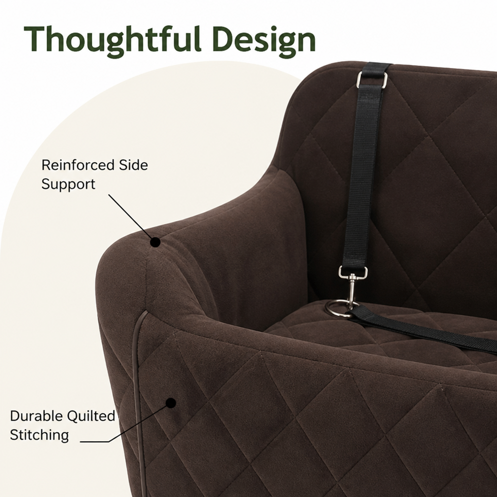 DogBedHouse Plush Memory Foam Dog Car Seat (3 Clip-On Safety Leashes)