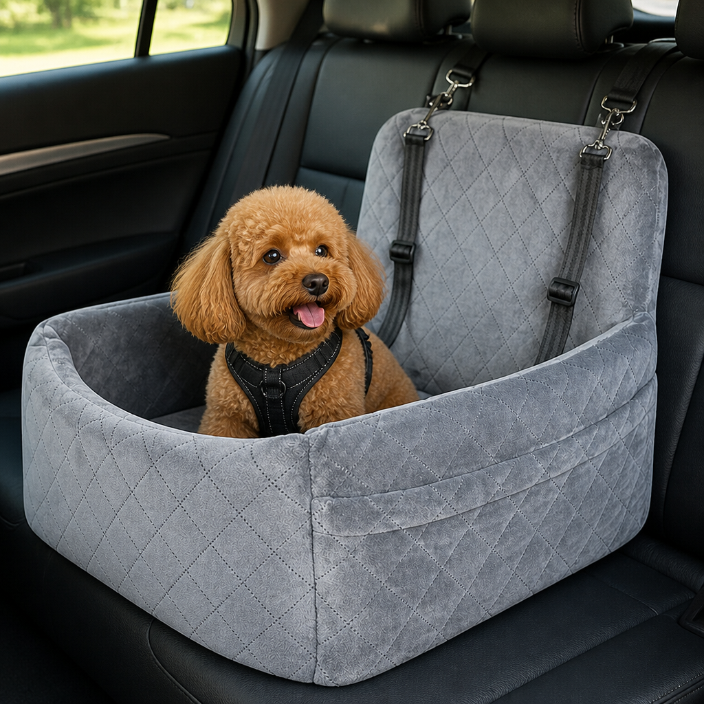 DogBedHouse Quilted Washable Oxford & Safety Belt Dog Car Seat (Removable Cushion)