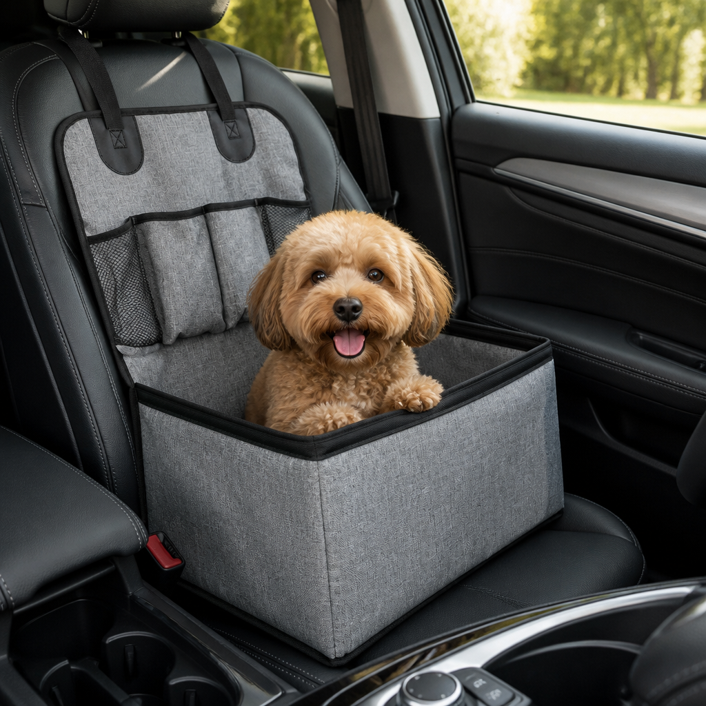 DogBedHouse Foldable & Stable Linen Fabric Car Booster Seat (Front Seat)