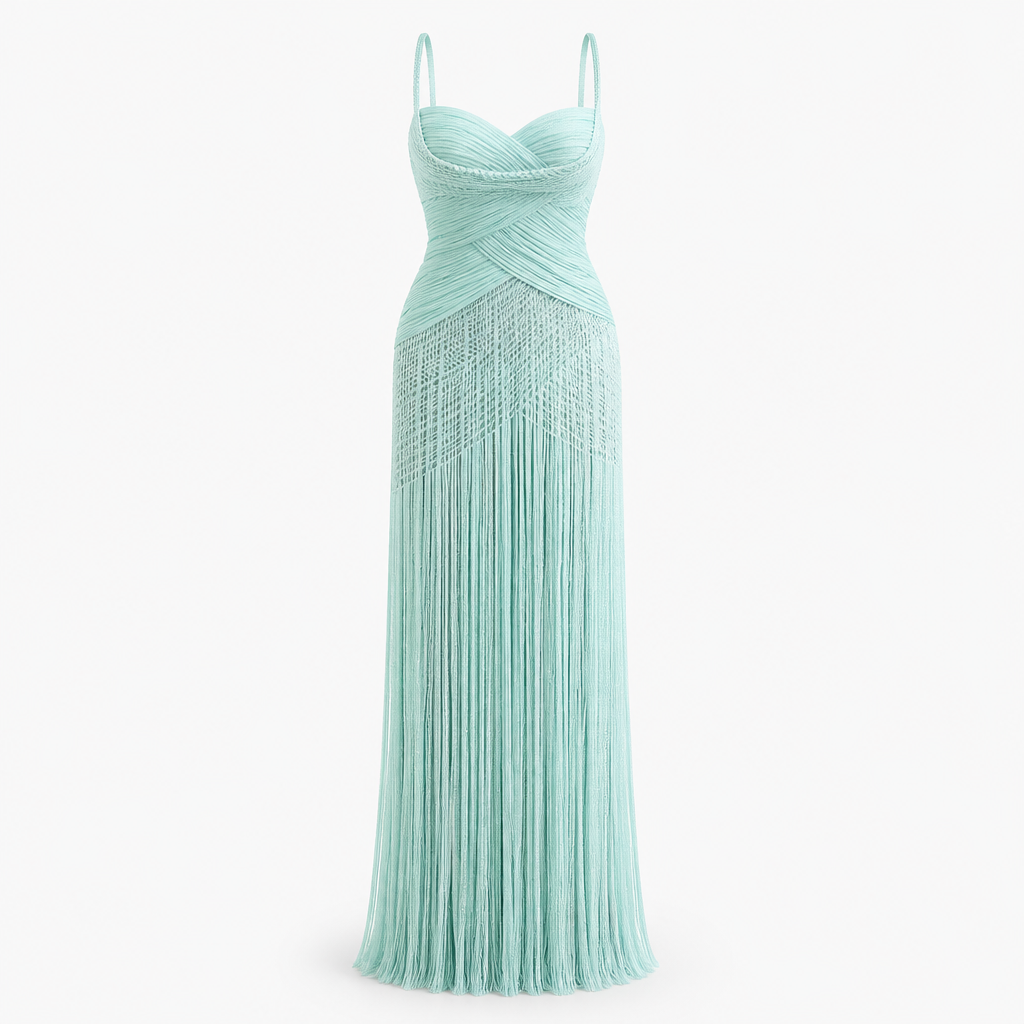 Women's Halter Evening Gown | Polyester Mint Green | Tassel Fishtail with Fitted Waist