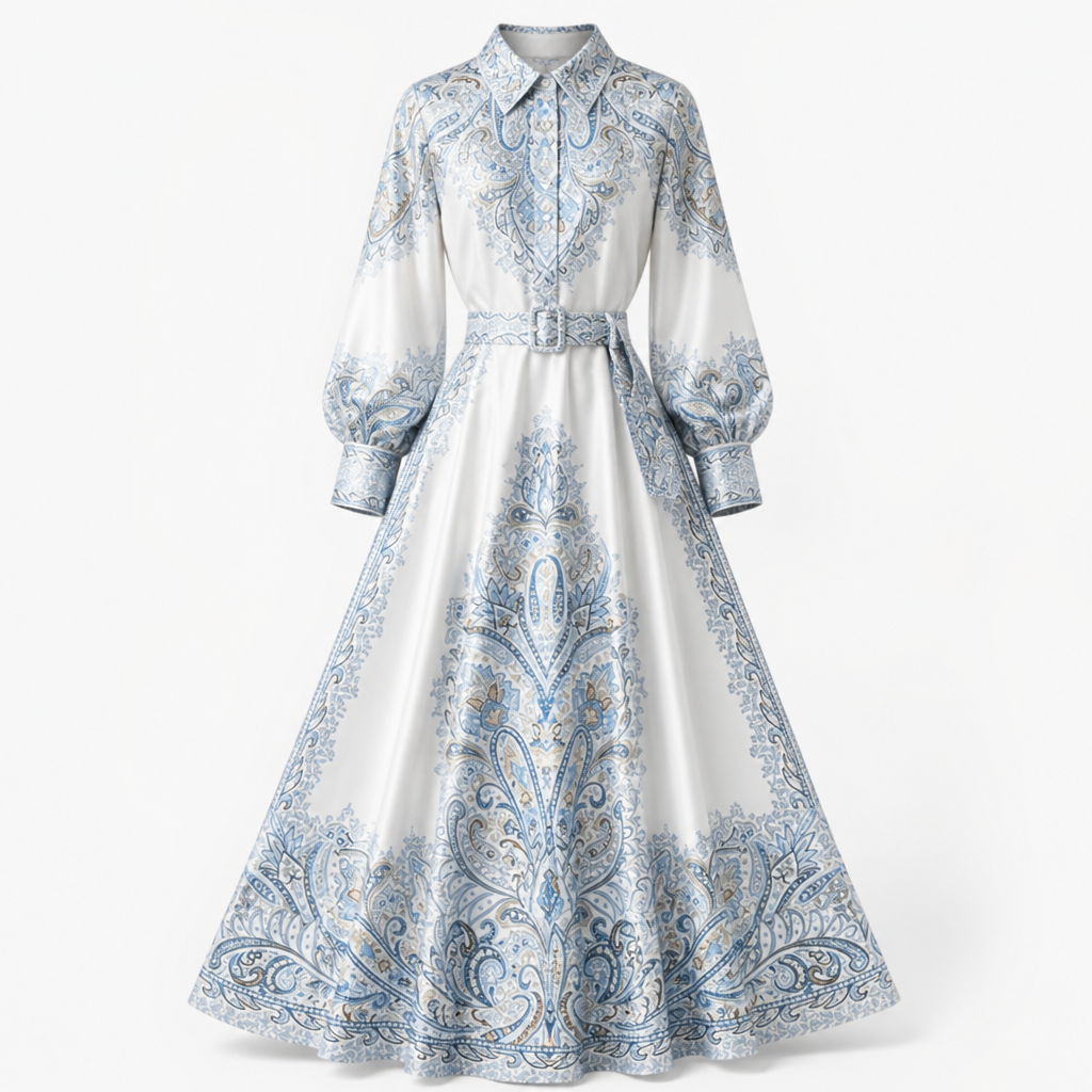 Women's A-line Dress | Floral Print | Belted Waist | Turn-Down Collar