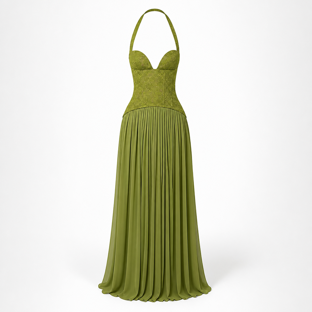 Women's Corset Maxi Dress | Lace & Chiffon | Halter Backless Pleated Evening Gown