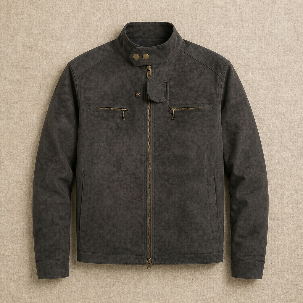 Men's Biker Jacket | Stand Collar | Zip Chest Pockets & Two-Way Zipper | Slim Fit