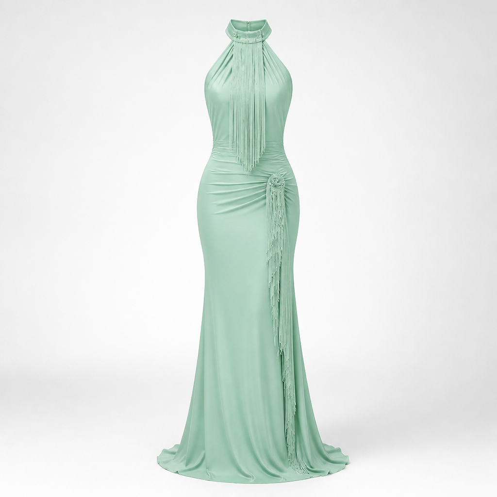 Women's Halter Evening Gown | Polyester Mint Green | Tassel Fishtail with Fitted Waist