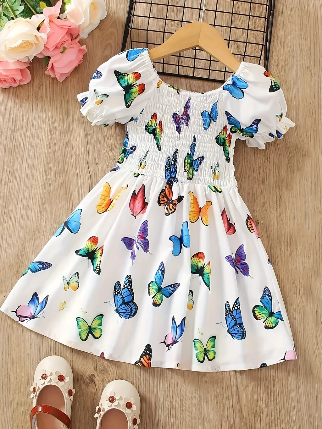 Children's Clothing for Girls: Vibrant Butterfly All-Over Print Dress Suitable for Children Aged 1-8, Summer Wear, White Colorful Butterfly Dress