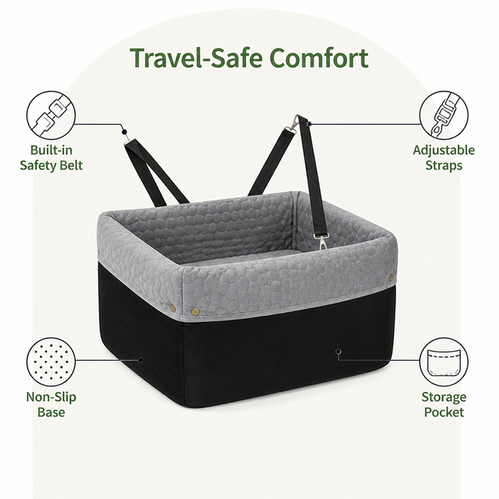 DogBedHouse Non-Slip Memory Foam & Adjustable Straps Booster Seat (Removable Cover)