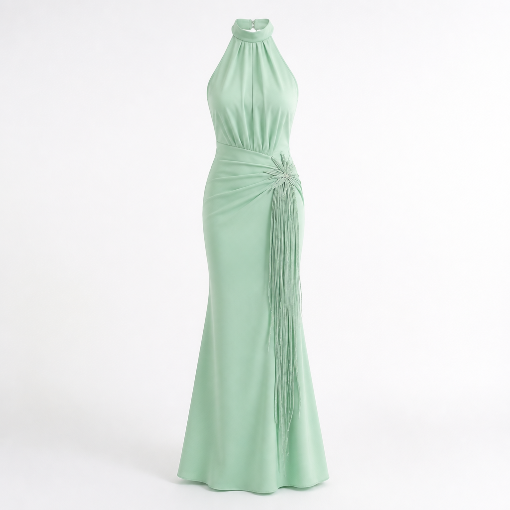 Women's Halter Evening Gown | Polyester Mint Green | Tassel Fishtail with Fitted Waist