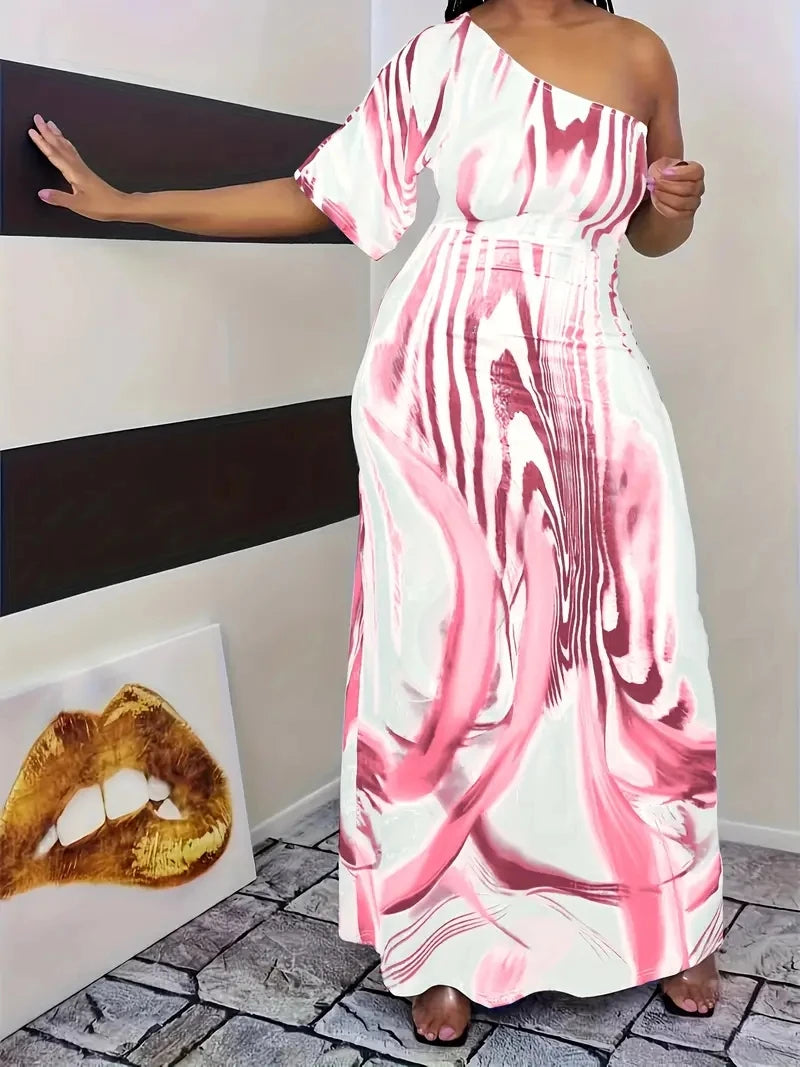 Plus size new women's fashion casual milk white printed single sleeved off shoulder dress long skirt