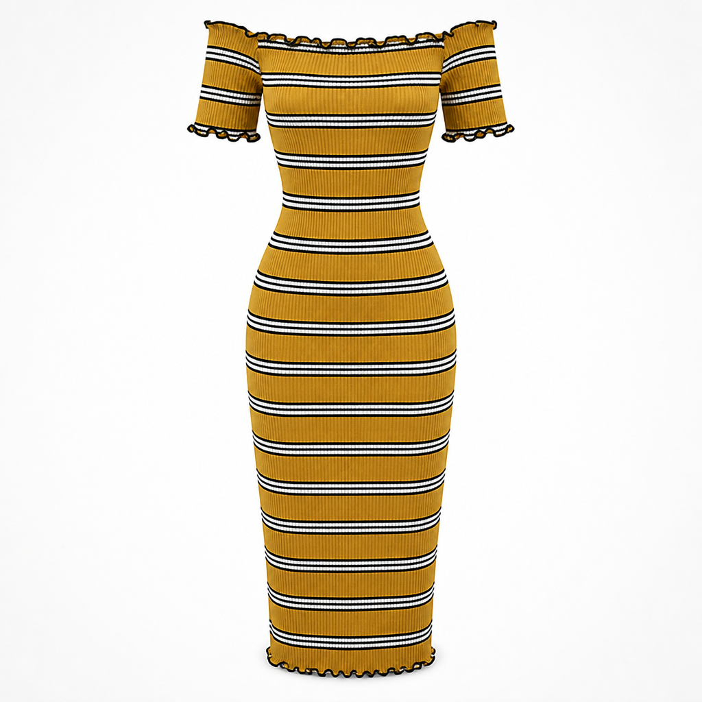 Women's Wrap Sundress | Knitted Fabric | Slash-Neck Striped Bodycon | Short Sleeve