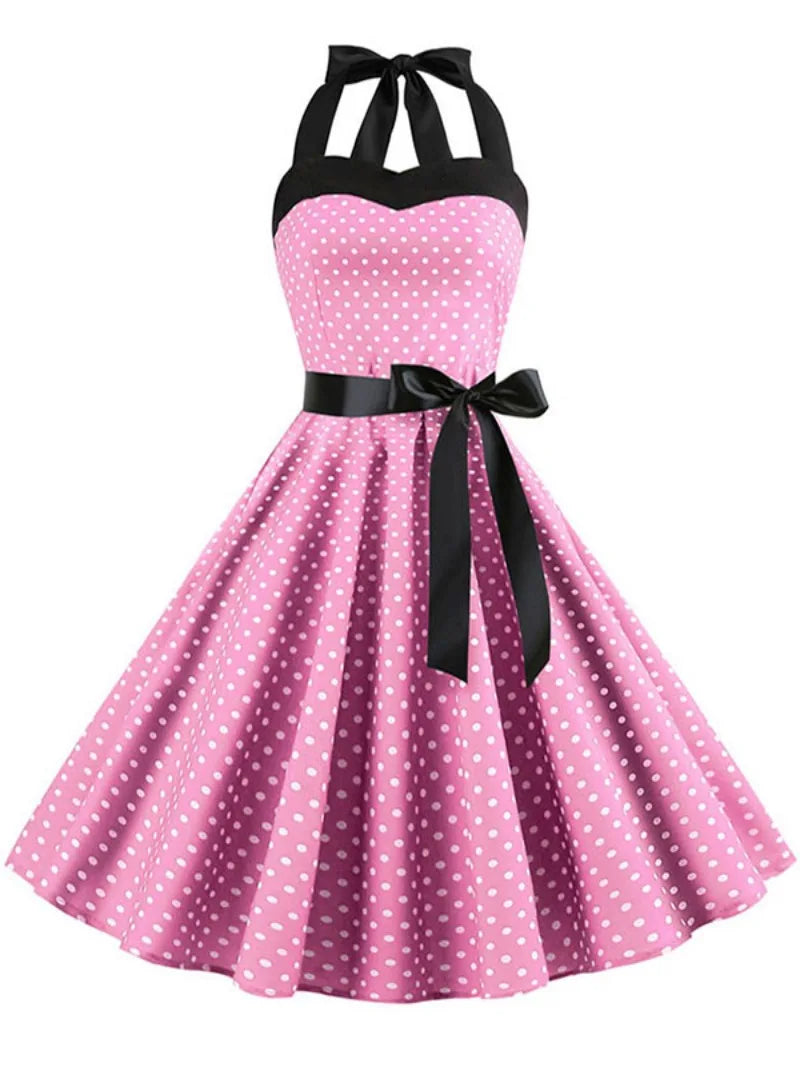 Elegant Women Polka Dot Dress Summer Hepburn 1950s 60s Vintage Sexy Halter Rockabilly Retro Party Office Dresses 2026 Robe Pinup