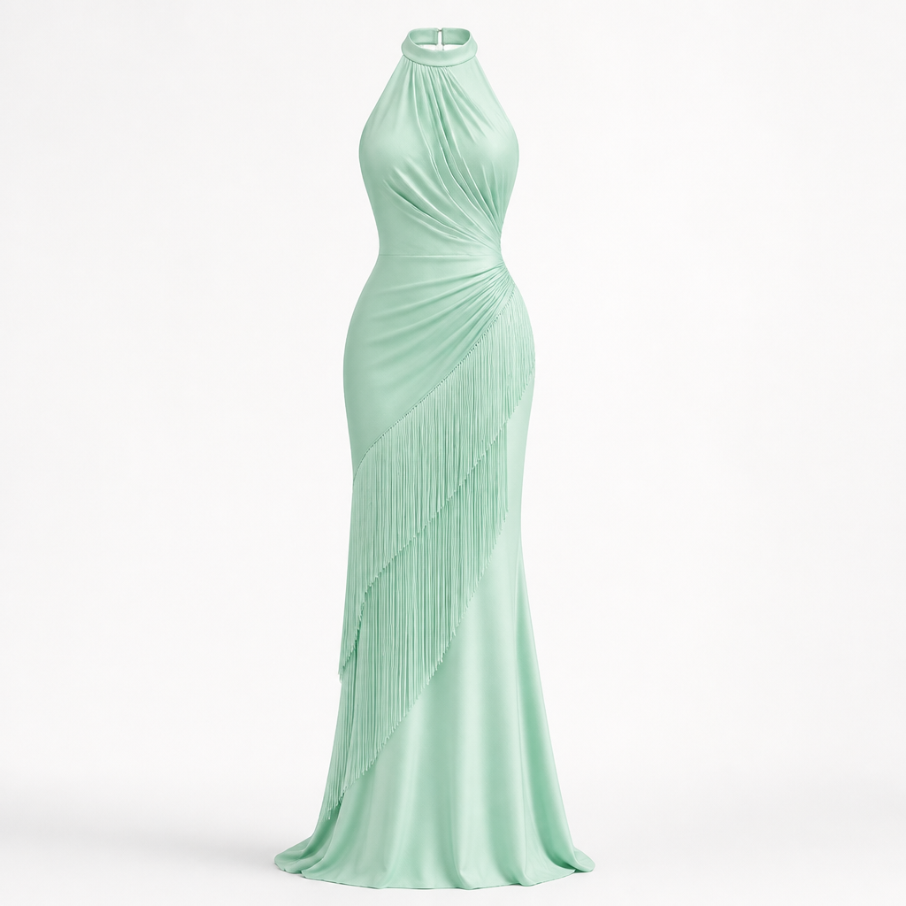 Women's Halter Evening Gown | Polyester Mint Green | Tassel Fishtail with Fitted Waist