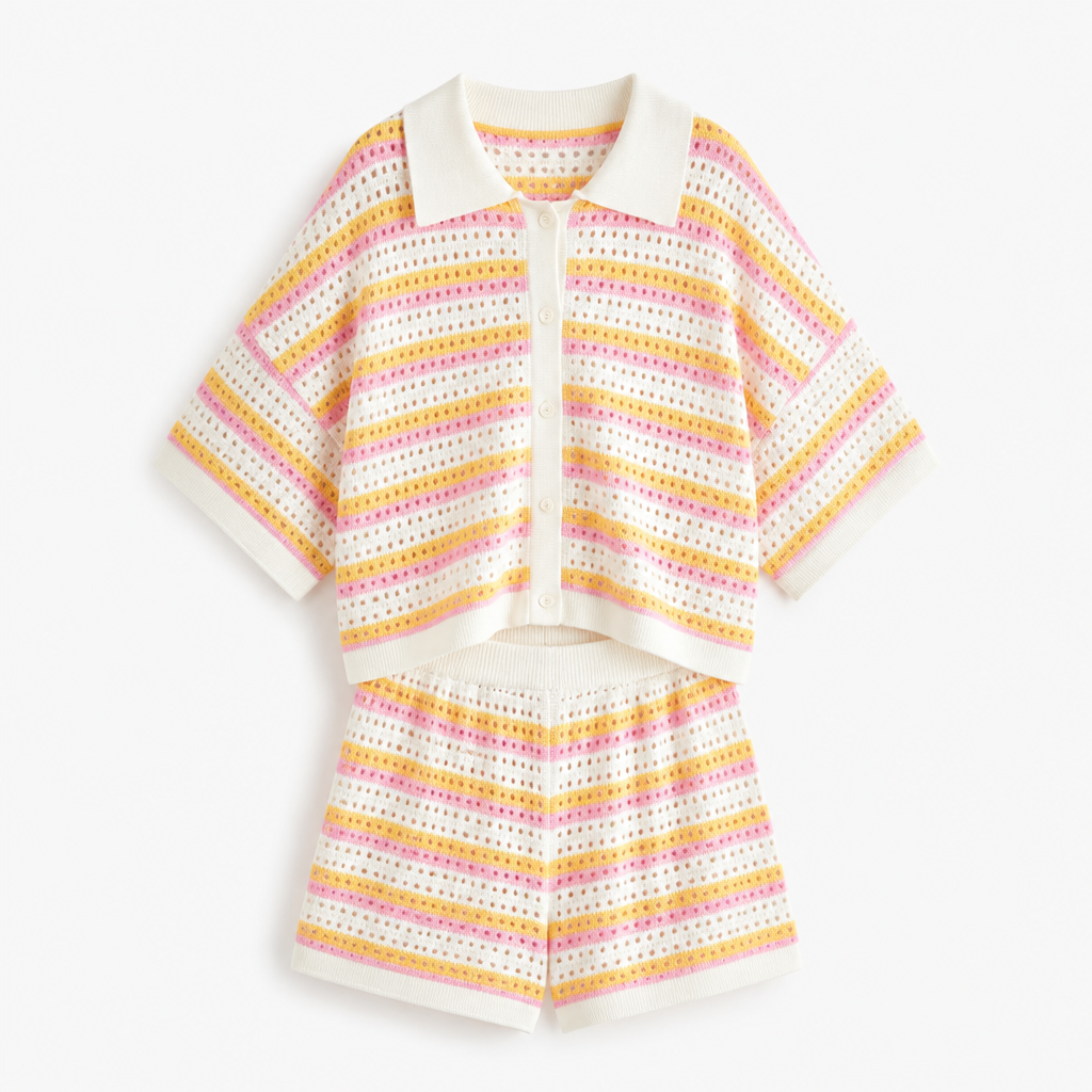 Women's 2-Piece Set | Knit Fabric | Contrast Stripes | Cardigan & Matching Shorts