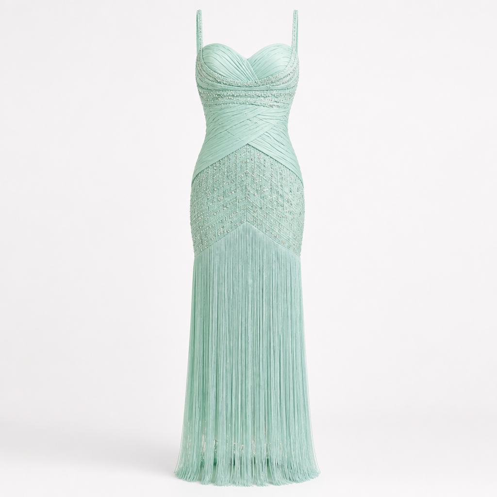 Women's Halter Evening Gown | Polyester Mint Green | Tassel Fishtail with Fitted Waist