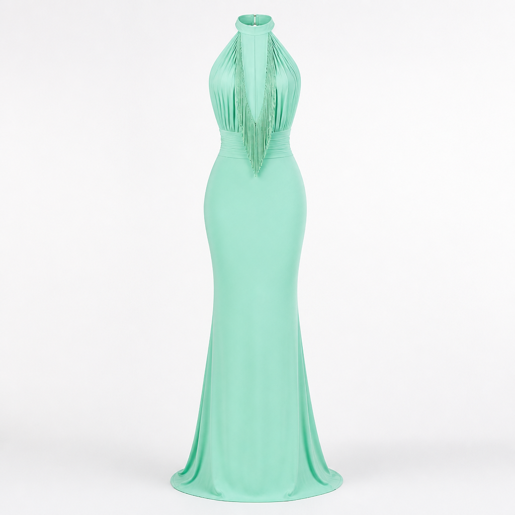 Women's Halter Evening Gown | Polyester Mint Green | Tassel Fishtail with Fitted Waist
