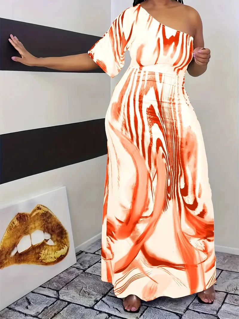 Plus size new women's fashion casual milk white printed single sleeved off shoulder dress long skirt